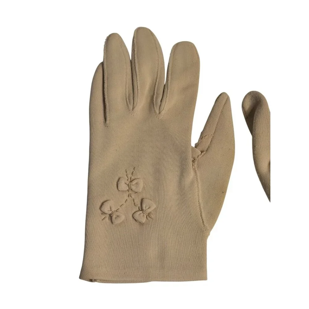 VTG 60s Cappuccino Coffee Nylon Wrist Gloves Embroidered Ribbon Bow Detail Women